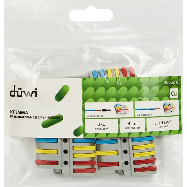 Клеммы разветвительные рычажковые Duwi СМК-536 PRO 3x6-проводные 4мм² серые 4шт 26661 1
