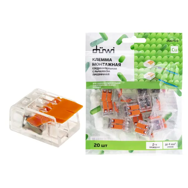 Клеммы соединительные монтажные с рычажком Duwi СМК 223-412 2-проводные 4мм² прозрачные 20 шт 26673 0