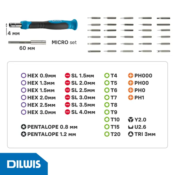 Набор отвертка со сменными насадками DILWIS MER212D, 32 предмета