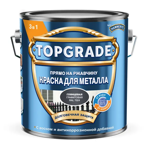 Грунт-эмаль по металлу 3 в 1 Topgrade гладкая цвет графитовый 2 л