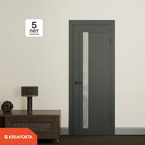 Дверь межкомнатная остекленная KREAFORTA Калга 90x200x4 см ПВХ цвет графит с замком и петлями