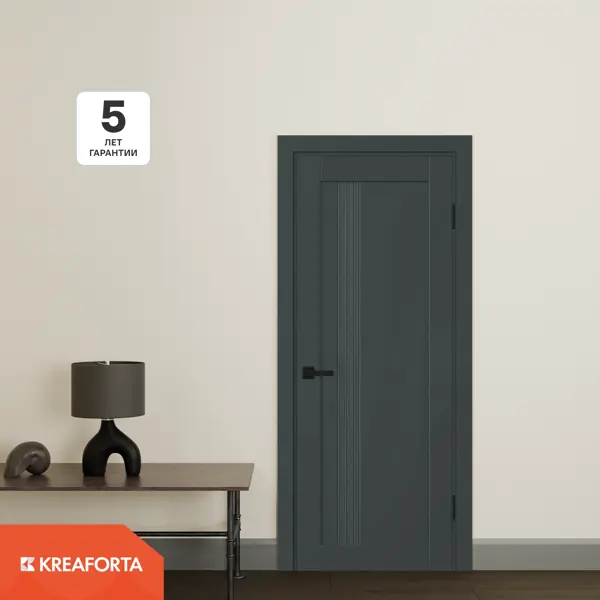 Дверь межкомнатная глухая KREAFORTA Калга 60x200x4 см ПВХ цвет графит с замком и петлями