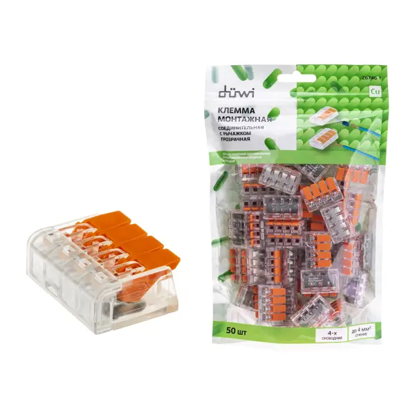 Клеммы соединительные монтажные с рычажком Duwi СМК 223-414 4-проводные 4мм² прозрачные 50 шт 26746 1