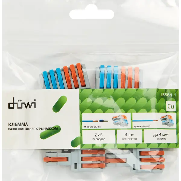 Клеммы разветвительные рычажковые Duwi СМК-526 PRO 2x6-проводные 4мм² серые 4шт 26661 1