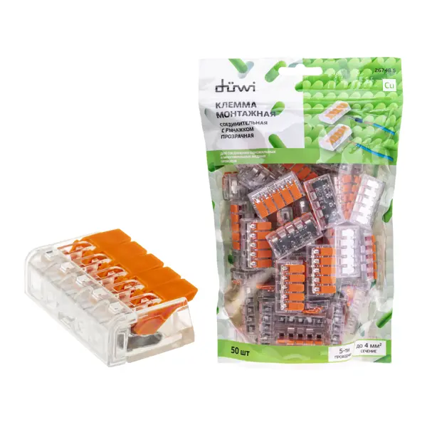 Клеммы соединительные монтажные с рычажком Duwi СМК 223-415 5-проводные 4 кв.мм прозрачные 50 шт 26748 5