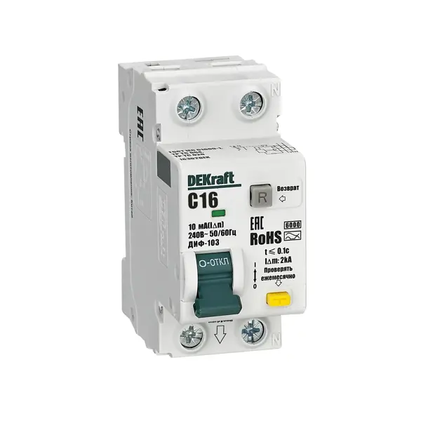 Дифференциальный автомат Dekraft ДИФ-103 1P+N C16 А 10 мА 6 кА AC 16302DEK