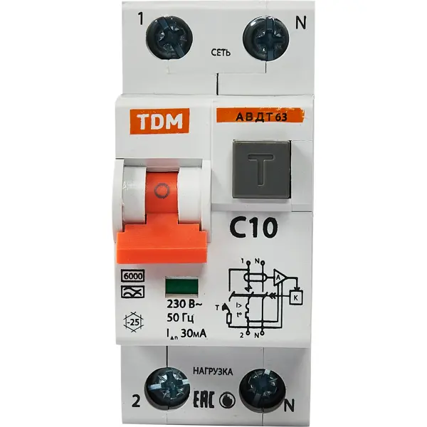 Дифференциальный автомат Tdm Electric АВДТ-63 2P C10 A 30 мА 6 кА AС SQ0202-0001