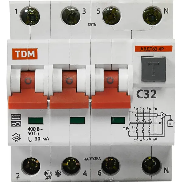 Дифференциальный автомат Tdm Electric АВДТ-63 3P N C32 A 30 мА 6 кА AС SQ0202-0019