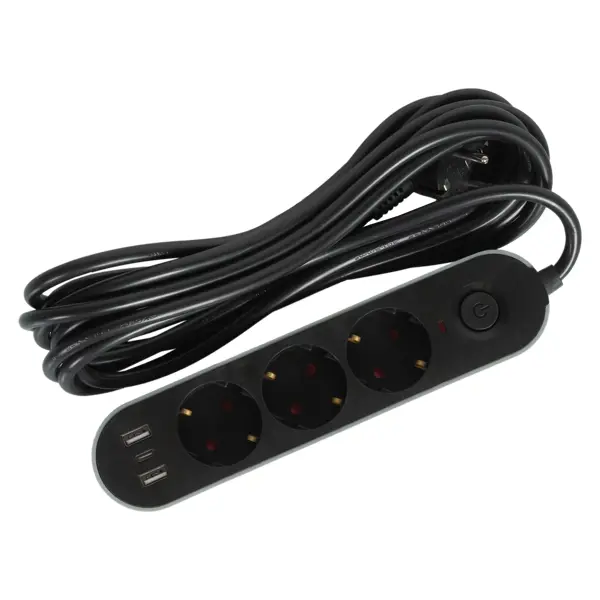 Удлинитель бытовой 3 розетки 5 м цвет черный