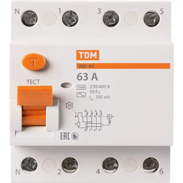 УЗО Tdm Electric ВД1-63 4P 63 A 300 мА 4.5 кА AC SQ0203-0043