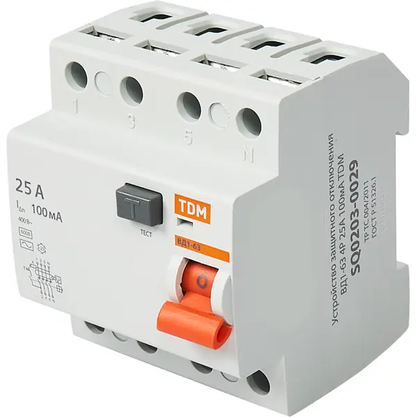 УЗО Tdm Electric ВД1-63 4P 25 A 100 мА 4.5 кА AC SQ0203-0029