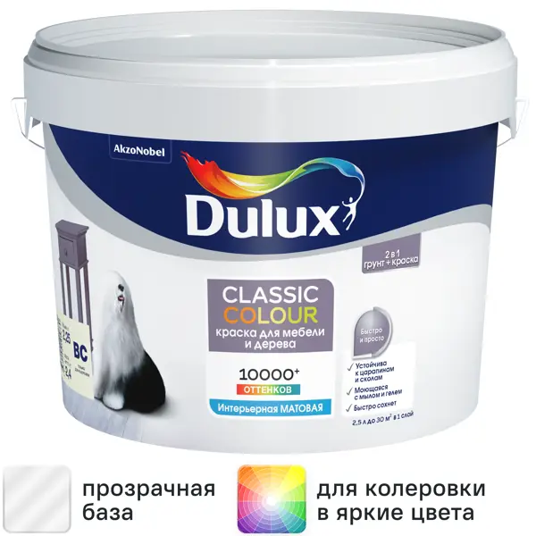 Краска для мебели и дерева Dulux Classic Colour моющаяся матовая прозрачная база BC 2.25 л