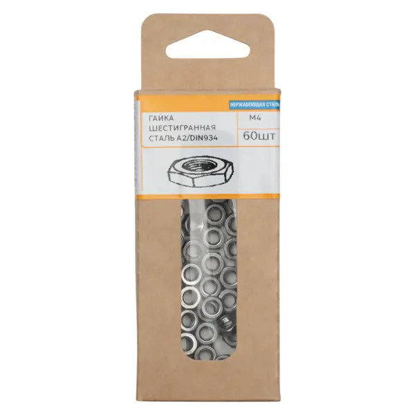 Гайка шестигранная М4 DIN 934 нержавеющая сталь А2 60 шт.