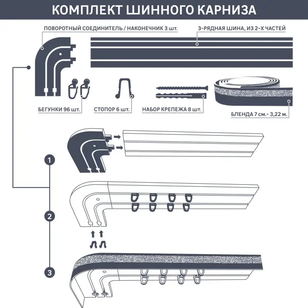 Карниз трехрядный составной Прима 300 пластик цвет белый хром