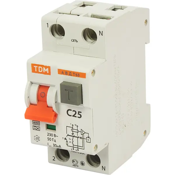 Дифференциальный автомат Tdm Electric АВДТ-63 1P N C25 A 30 мА 6 кА A SQ0202-0004