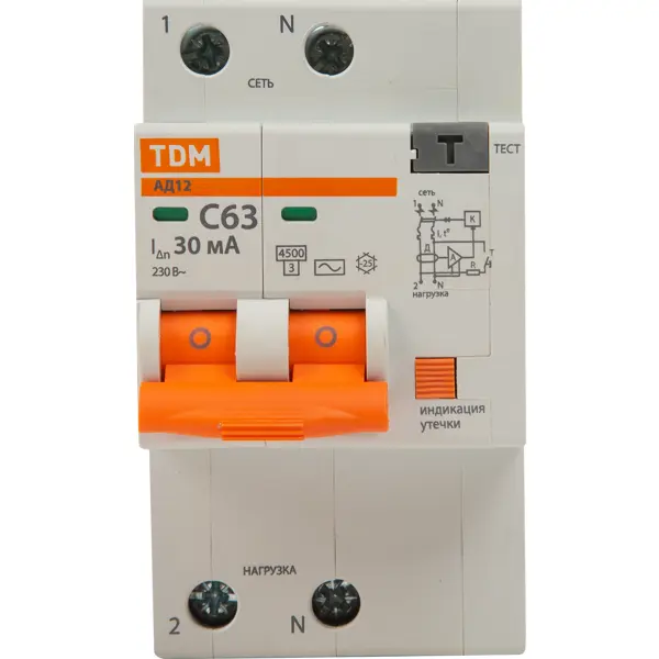 Дифференциальный автомат Tdm Electric АД-12 2P C63 A 30 мА 4.5 кА AC SQ0204-0023