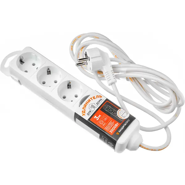 Удлинитель бытовой Защита Про 4 розетки с заземлением 3x1.5 мм 3 м 3500 Вт цвет белый