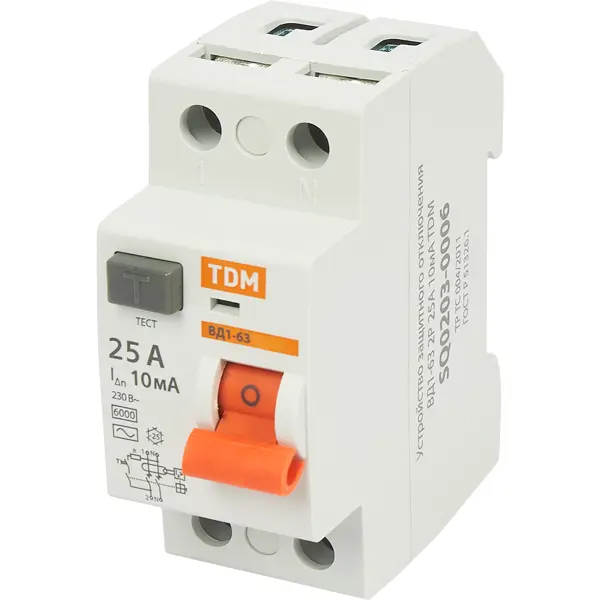 УЗО Tdm Electric ВД1-63 2P 25 A 10 мА 4.5 кА AC SQ0203-0075