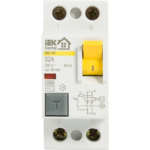 УЗО IEK Home ВД1-63 1P N 32 А 30 мА 4.5 кА AC MDV10-2-032-030