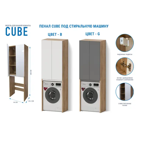Шкаф для стиральной машины Cube 200x64 см цвет белый глянец/дуб вотан