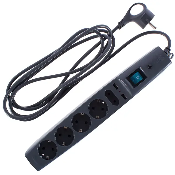 Сетевой фильтр Эра SFU 5 розеток с заземлением 3x0.75 мм 2 USB 2200 Вт 3 м цвет черный