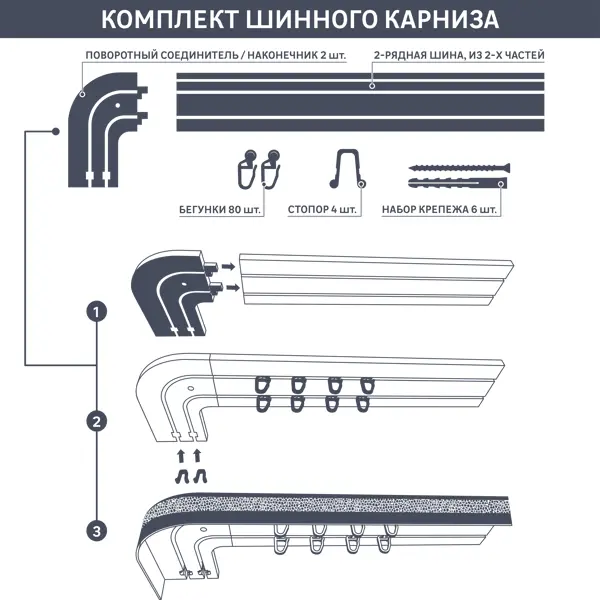 Карниз двухрядный составной Стандарт 400 см пластик цвет белый