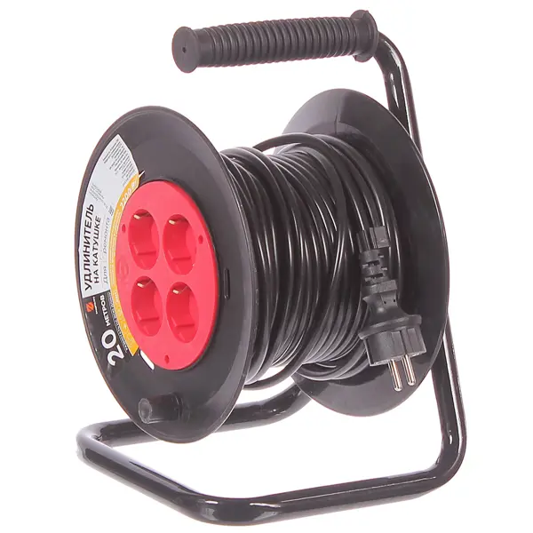 Удлинитель на катушке Защита Про 4 розетки с заземлением 3x1 мм 20 м цвет черный/красный