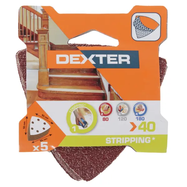 Лист шлифовальный на бумажной основе для ДШМ Dexter P40 93x93 мм, 5 шт.