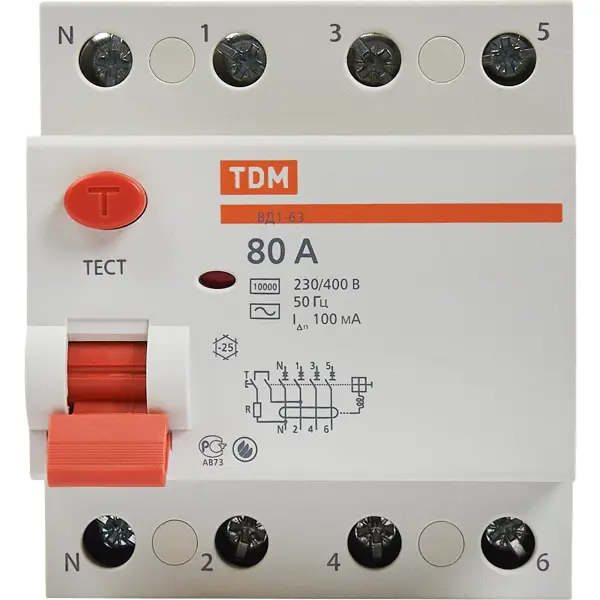 УЗО Tdm Electric ВД1-63 4P 80 A 100 мА 4.5 кА AC SQ0203-0045