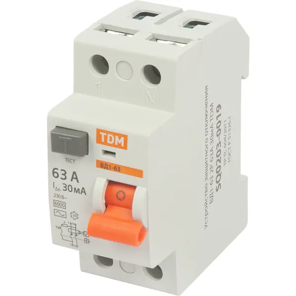 УЗО Tdm Electric ВД1-63 2P 63 A 30 мА 4.5 кА AC SQ0203-0080