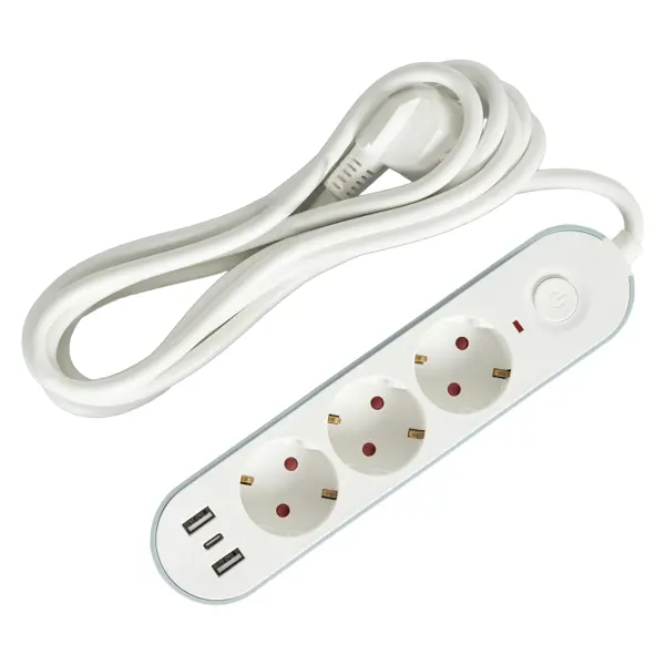 Удлинитель на 3 розетки 3 USB 16А 3м цвет белый