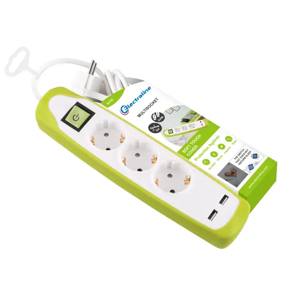 Удлинитель бытовой Electraline 3 розетки с заземлением 3x1 мм 2 м цвет зеленый/белый