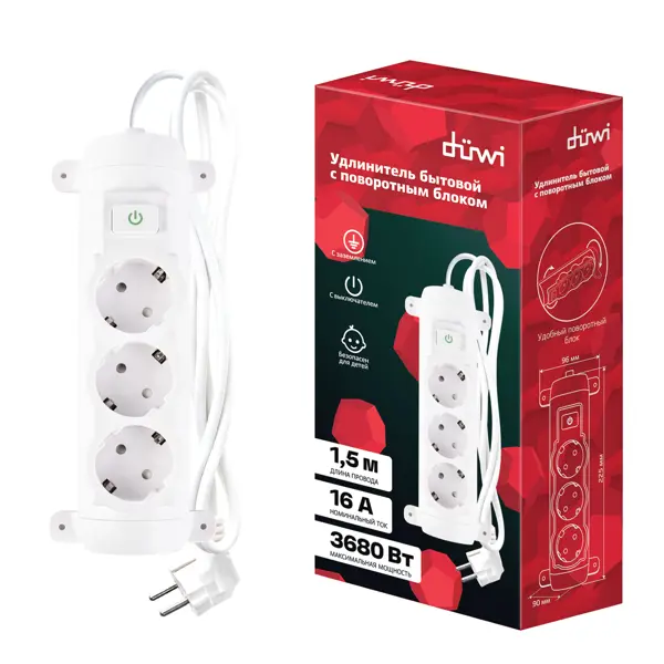 Удлинитель бытовой Duwi 3x1 1.3 3 розетки с заземлением 3680 Вт с выключателем цвет белый