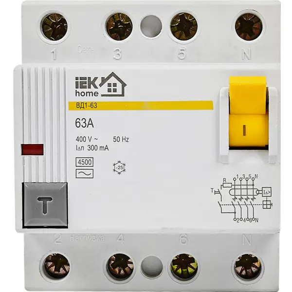 УЗО Iek Home ВД1-63 1P N 63 A 300 мА 4.5 кА AC MDV10-2-063-300