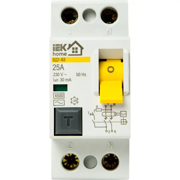 УЗО IEK Home ВД1-63 1P N 25 А 30 мА 4.5 кА AC MDV10-2-025-030