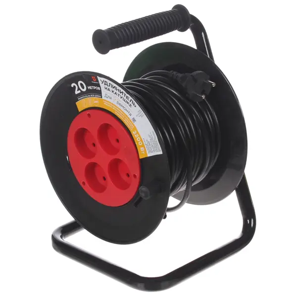 Удлинитель на катушке Защита Про 4 розетки без заземления 2x1 мм 20 м цвет черный/красный