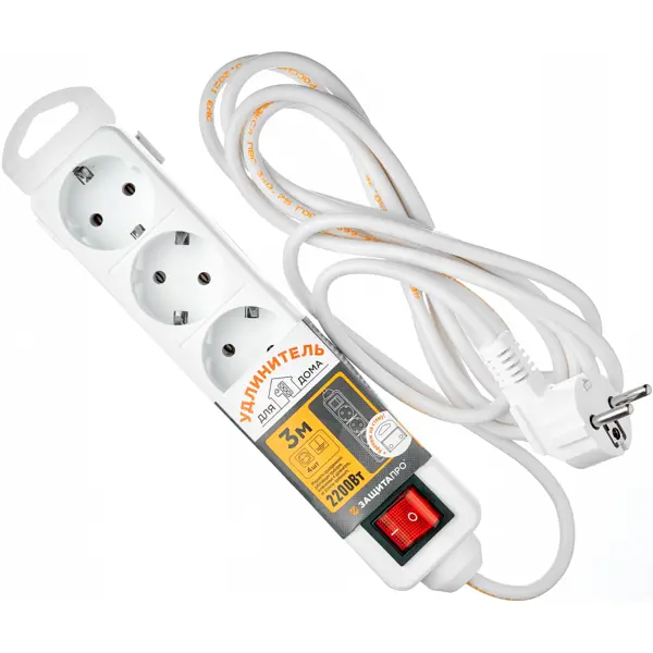Удлинитель бытовой Защита Про 4 розетки с заземлением 3x0.75 мм 3 м 2200 Вт цвет белый