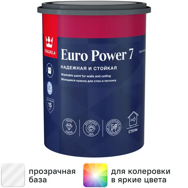 Краска для стен и потолков Tikkivala Euro Power-7 матовая прозрачная база С 0.9 л