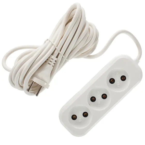 Удлинитель бытовой 3 розетки без заземления 2x0.75 мм 5 м цвет белый