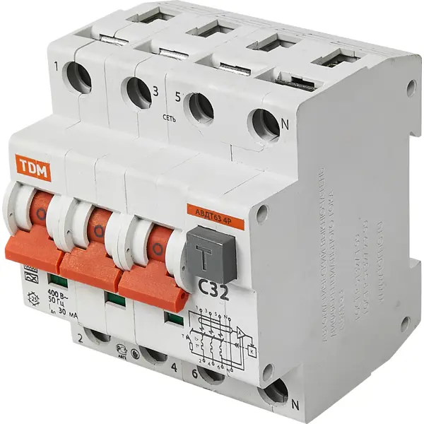 Дифференциальный автомат Tdm Electric АВДТ-63 3P N C32 A 30 мА 6 кА AС SQ0202-0019
