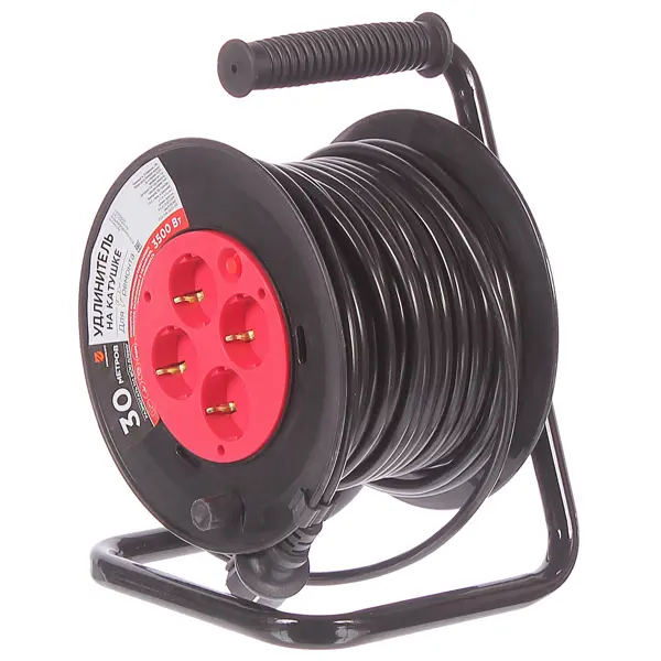 Удлинитель на катушке Защита Про 4 розетки с заземлением 3x1.5 мм 30 м цвет черный/красный