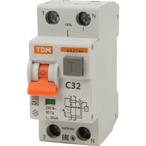 Дифференциальный автомат Tdm Electric АВДТ-63 1P N C32 A 30 мА 6 кА AС SQ0202-0005