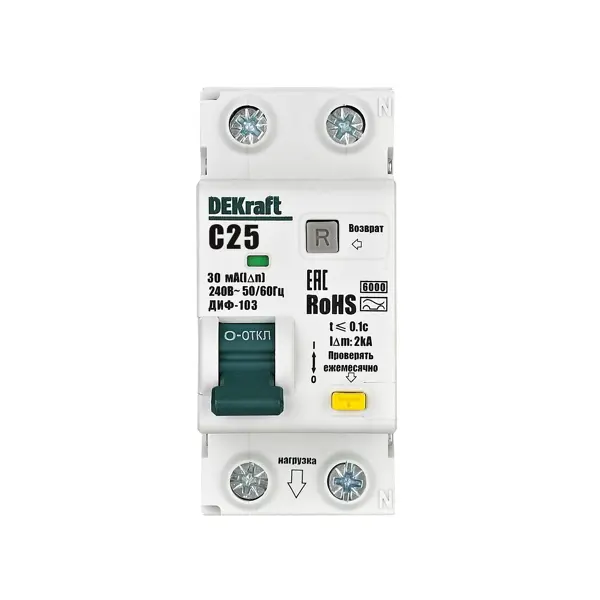 Дифференциальный автомат Dekraft ДИФ-103 1P+N C25 А 30 мА 6 кА AC 16313DEK