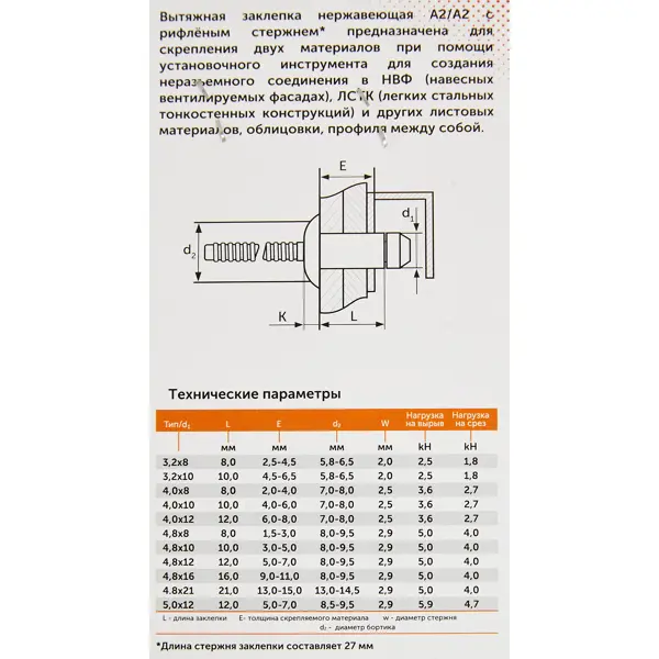 Заклепка вытяжная нержавеющая сталь 3.2x10 мм 50 шт.