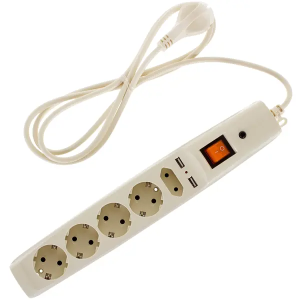 Сетевой фильтр Эра SFU 5 розеток с заземлением 3x0.75 мм 2 USB 2200 Вт 1.8 м цвет бежевый