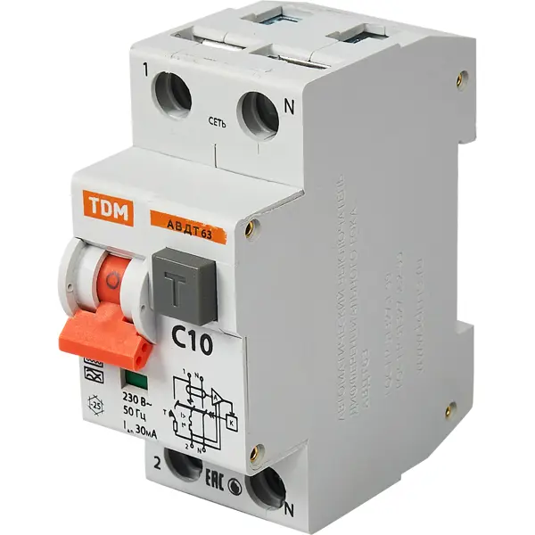 Дифференциальный автомат Tdm Electric АВДТ-63 2P C10 A 30 мА 6 кА AС SQ0202-0001