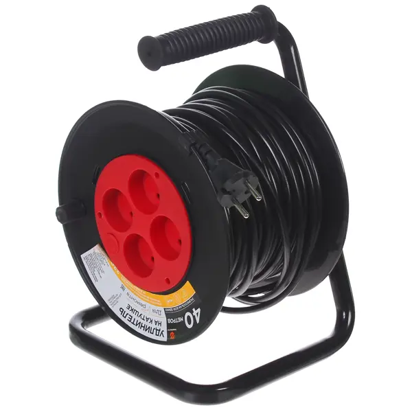 Удлинитель на катушке Защита Про 4 розетки без заземления 2x1 мм 40 м цвет черный/красный