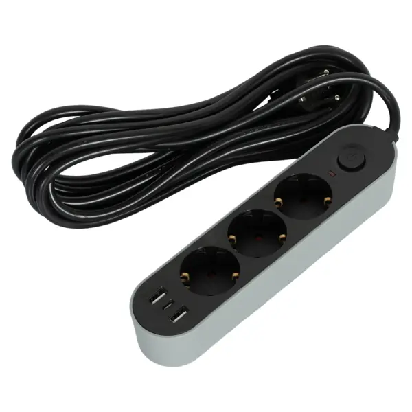 Удлинитель бытовой 3 розетки 5 м цвет черный