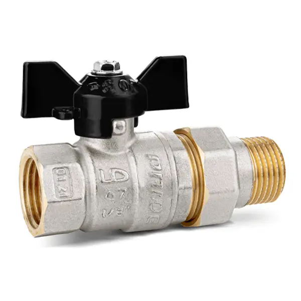 Кран шаровой с американкой прямой LD DN15 PN40 1/2" НР/ВР латунь ручка бабочка черная