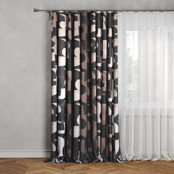 Штора на ленте димаут Абстракция 150x260 см цвет бежево-черный